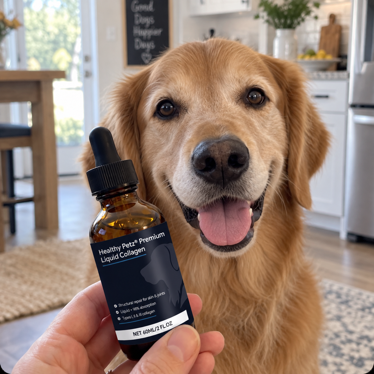 Golden retriever with a liquid collagen bottle